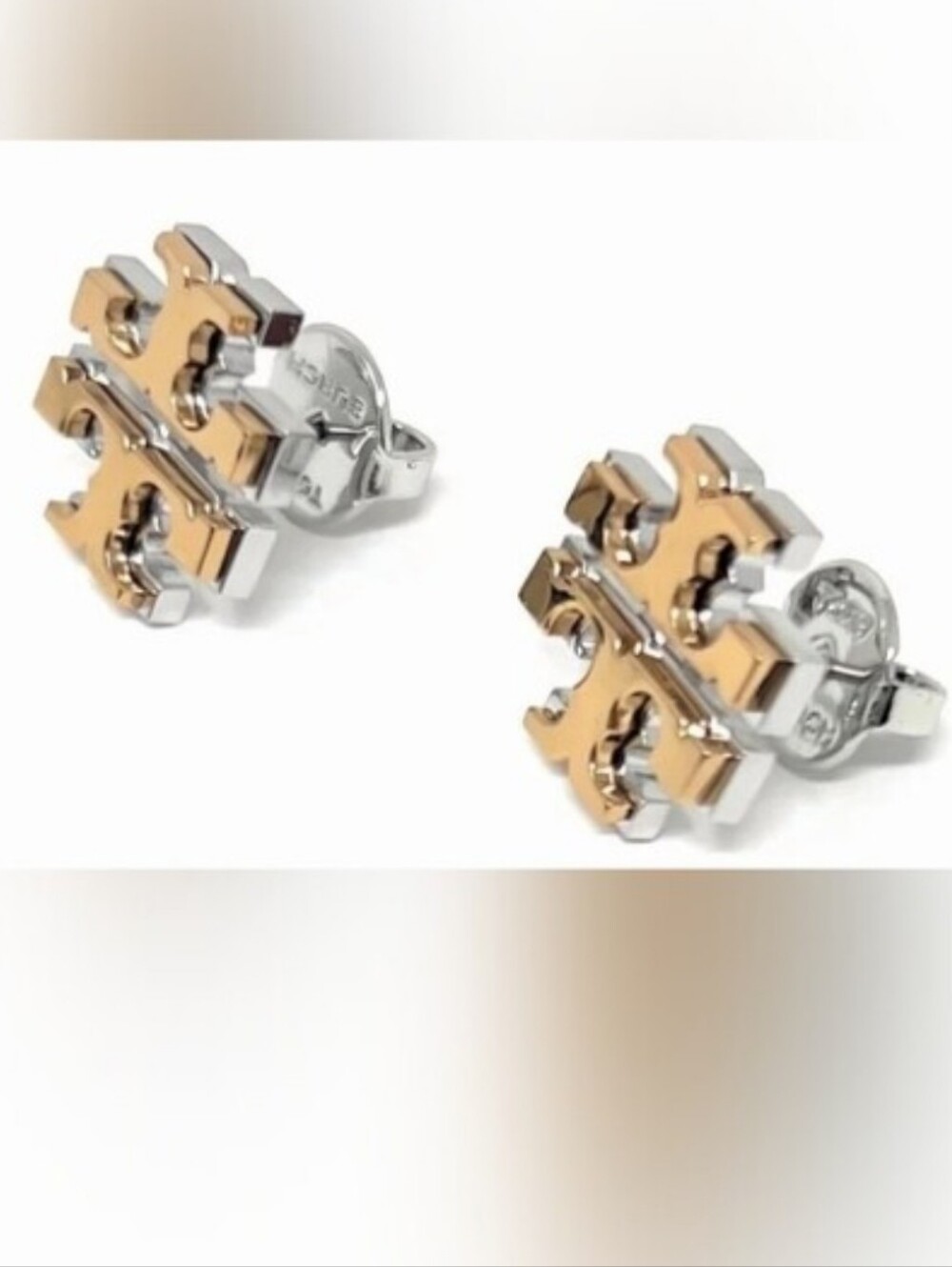 Tory Bruch Two-Tone Gold and Silver Cross Logo Stud Earrings